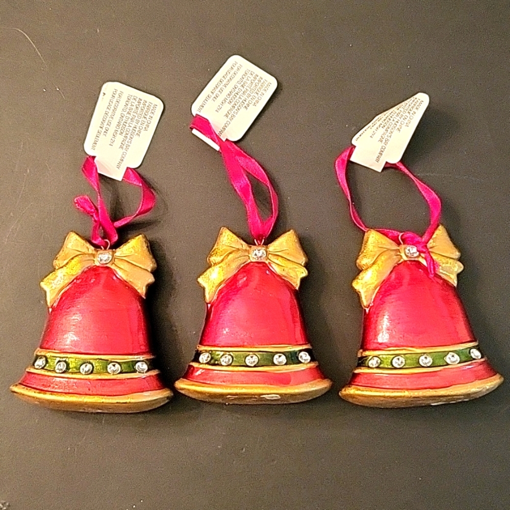 NEW Christmas Bell Ornaments, Painted Enamel/Metal, Set of 3!